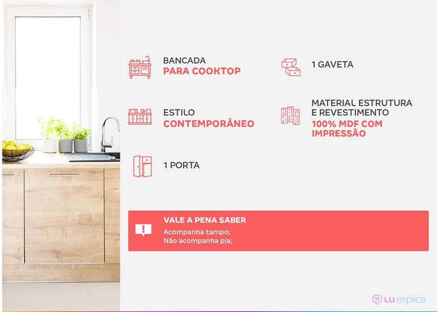 Balcão de Cozinha com Tampo Cozinhas Nesher 100% MDF 1 Porta 1 Gaveta Realeza