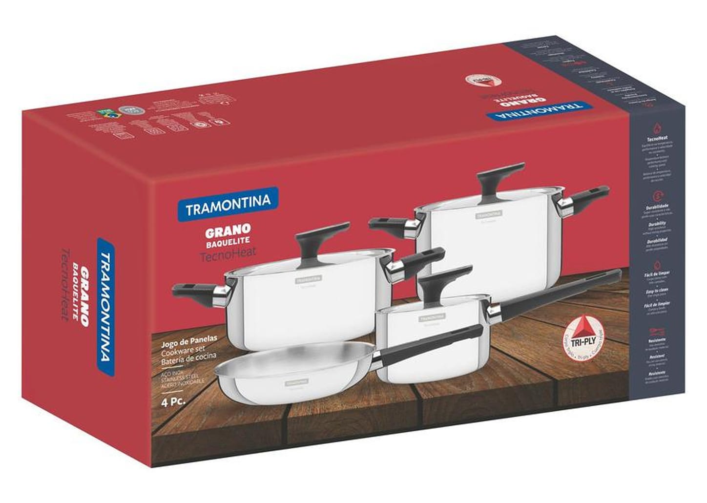 Jogo de Panelas Tramontina Inox - Fundo Triplo 4 Peças Grano Baquelite