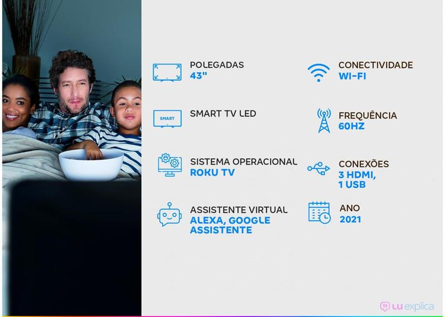 Smart TV 43” Full HD LED TCL Roku TV 43RS520 - Wi-Fi Alexa Google e Siri 3 HDMI 1 USB