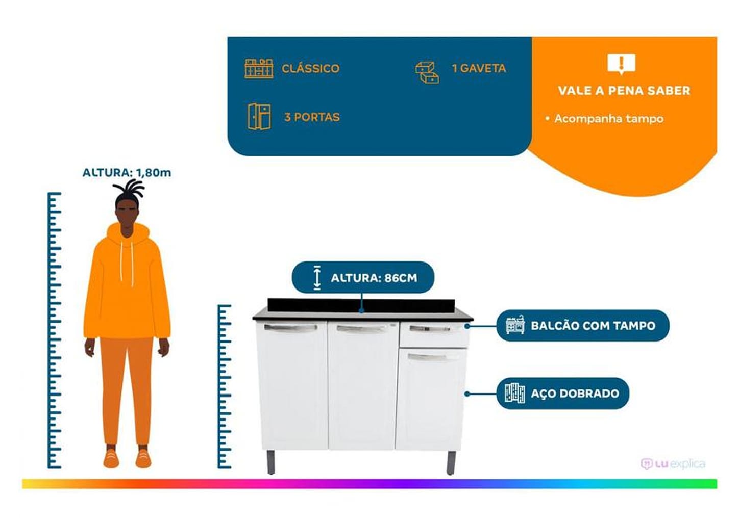 Balcão de Cozinha com Tampo Itatiaia Aço 3 Portas 1 Gaveta Rose