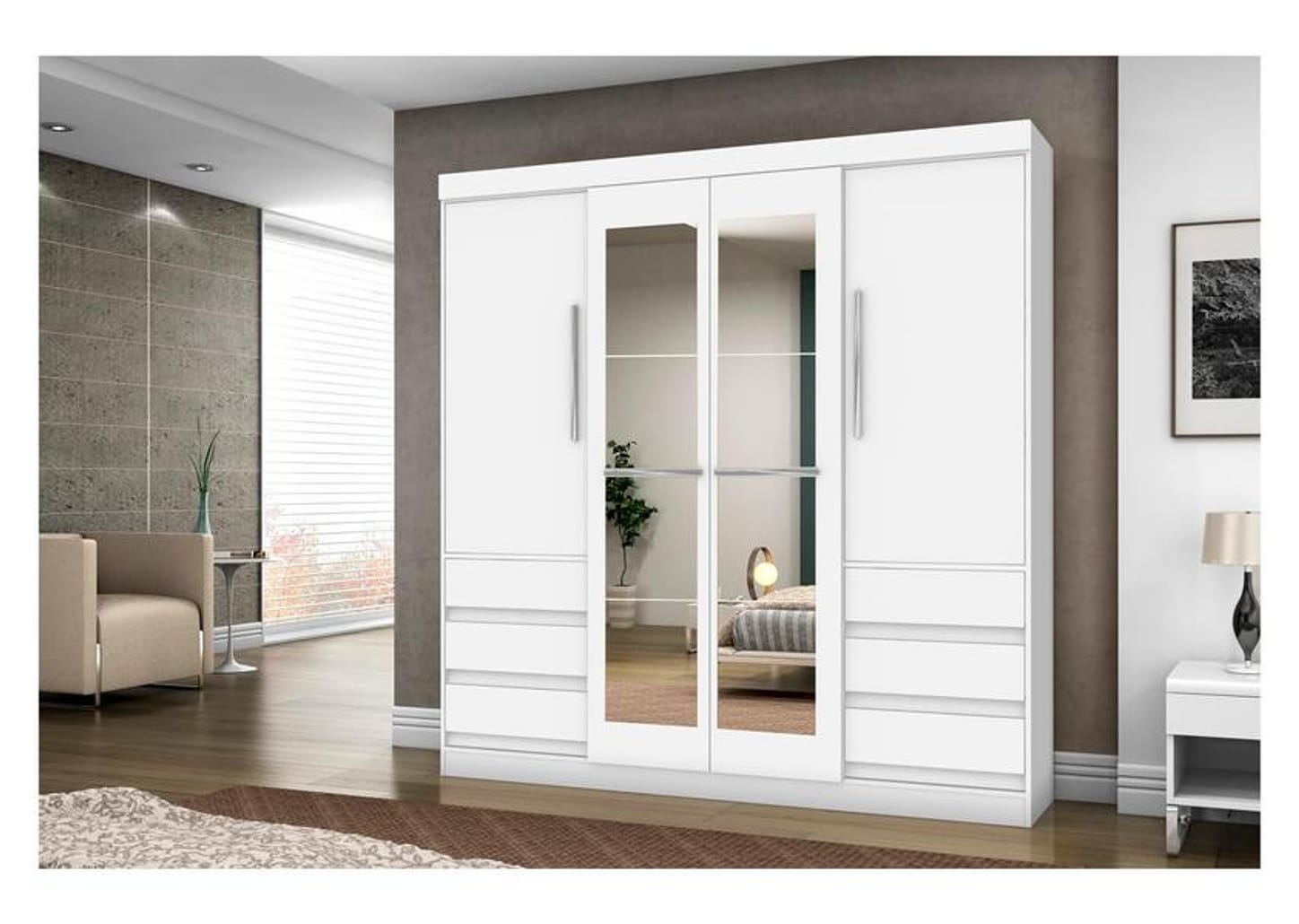 Guarda-roupa Casal com Espelho 4 Portas 6 Gavetas Araplac Atraente Sofia