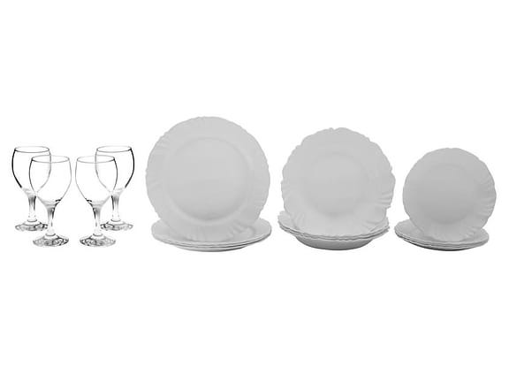 Aparelho de Jantar com Taça 16 Peças Duralex - Redondo Branco Pétala