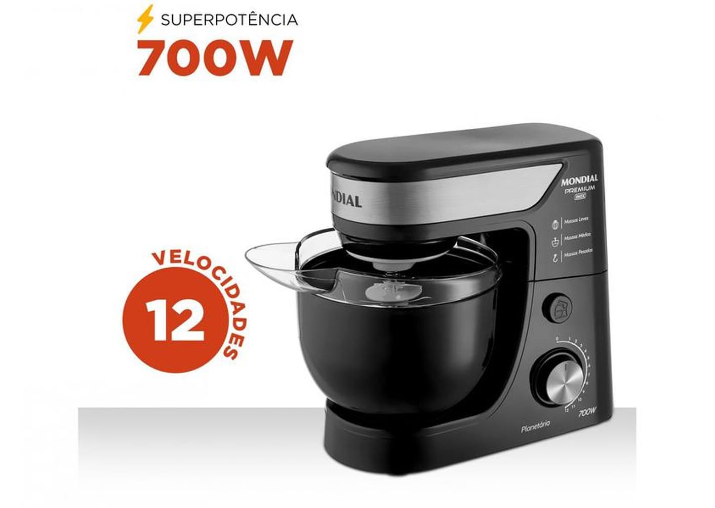 Batedeira Planetária Mondial Preto e Inox 700W - Premium 12 Velocidades