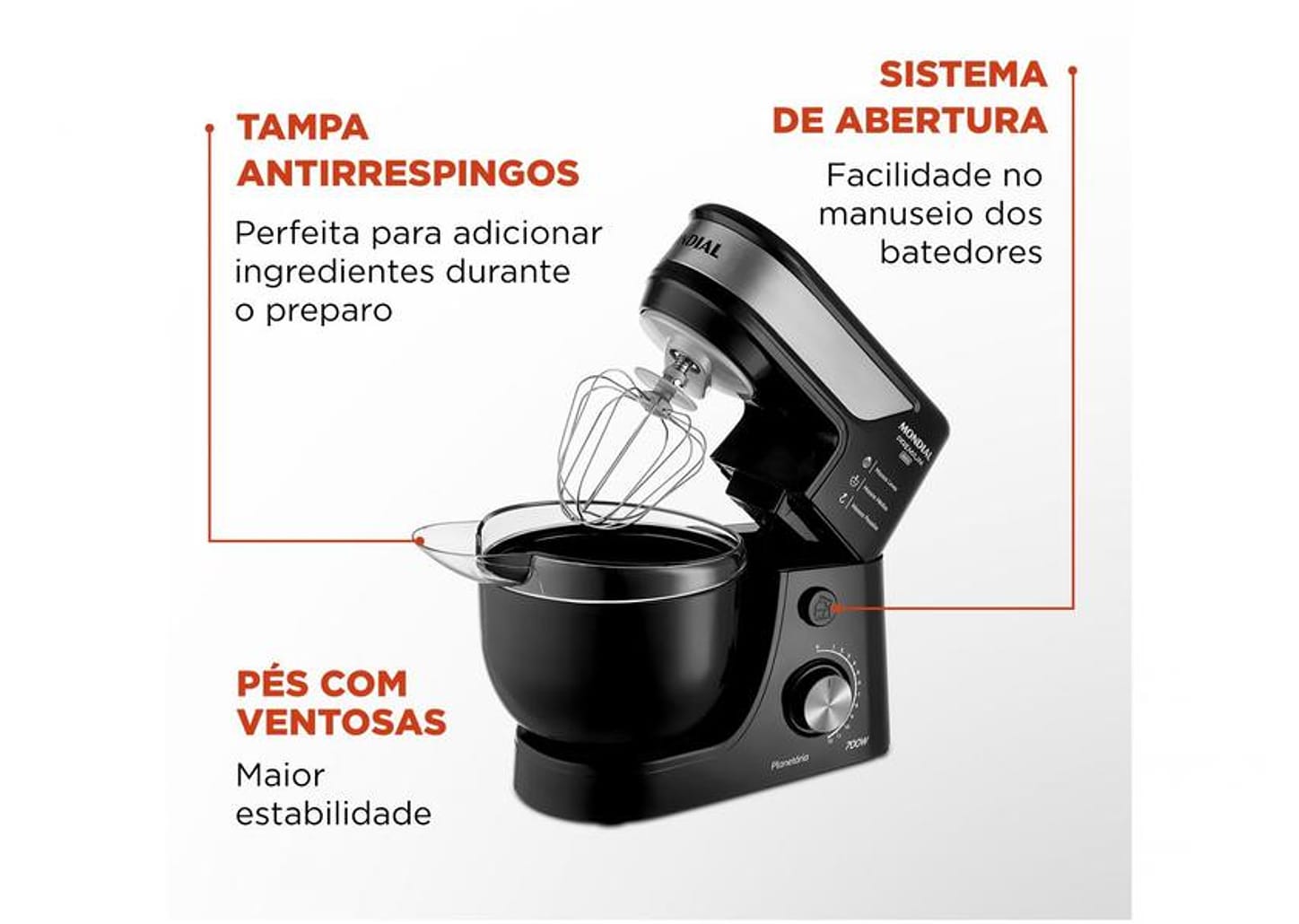Batedeira Planetária Mondial Preto e Inox 700W - Premium 12 Velocidades