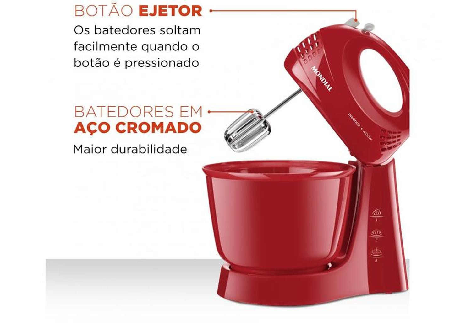 Batedeira Mondial Vermelha 400W Prática - B-44-R 3 Velocidades