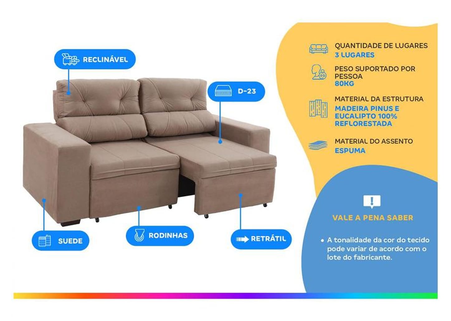 Sofá Retrátil Reclinável 3 Lugares Suede - Bipartido Phormatta Evolution SMP