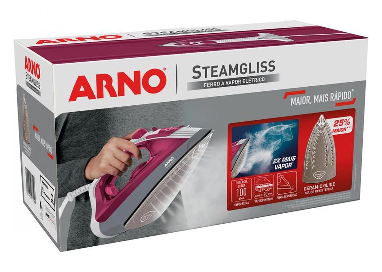 Ferro a Vapor Elétrico Arno Steamgliss - Base Cerâmica Rosa FSGC