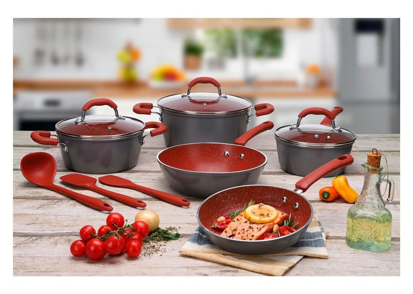 Jogo de Panelas Brinox Revestimento Cerâmico de Alumínio Vermelho e Cinza 8 Peças Select Marble