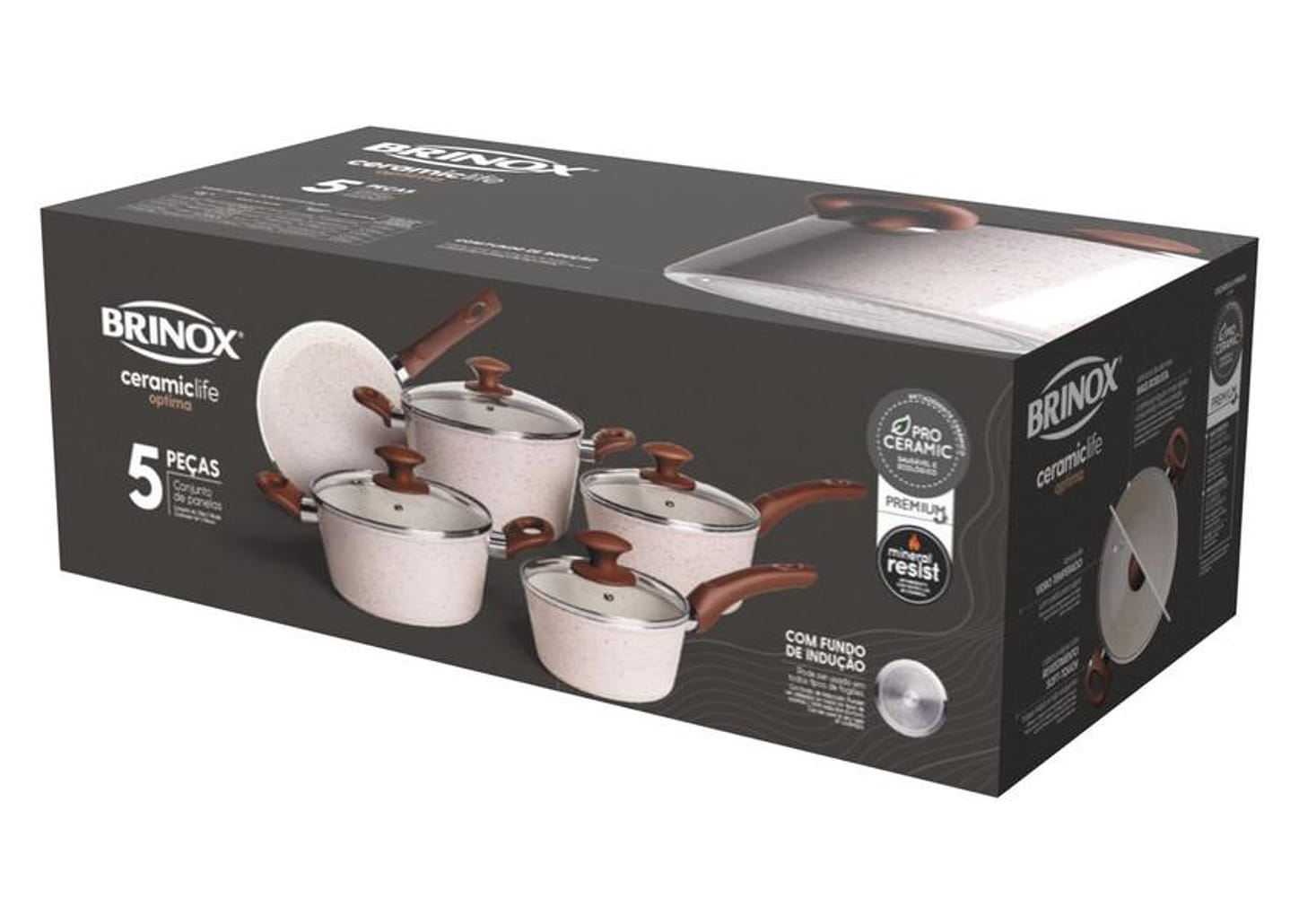 Jogo de Panelas Brinox Revestimento Cerâmico de Alumínio Vanilla 5 Peças Optima