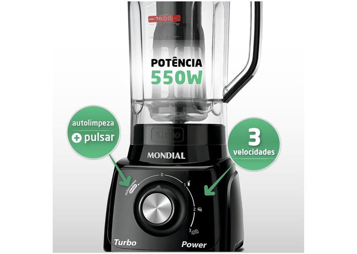 Liquidificador Mondial Turbo Power L-99 FB - Preto com Filtro 3 Velocidades 550W