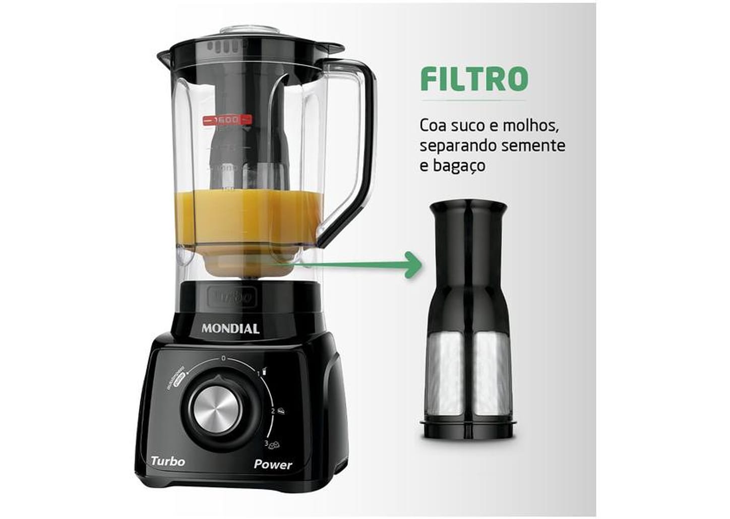 Liquidificador Mondial Turbo Power L-99 FB - Preto com Filtro 3 Velocidades 550W