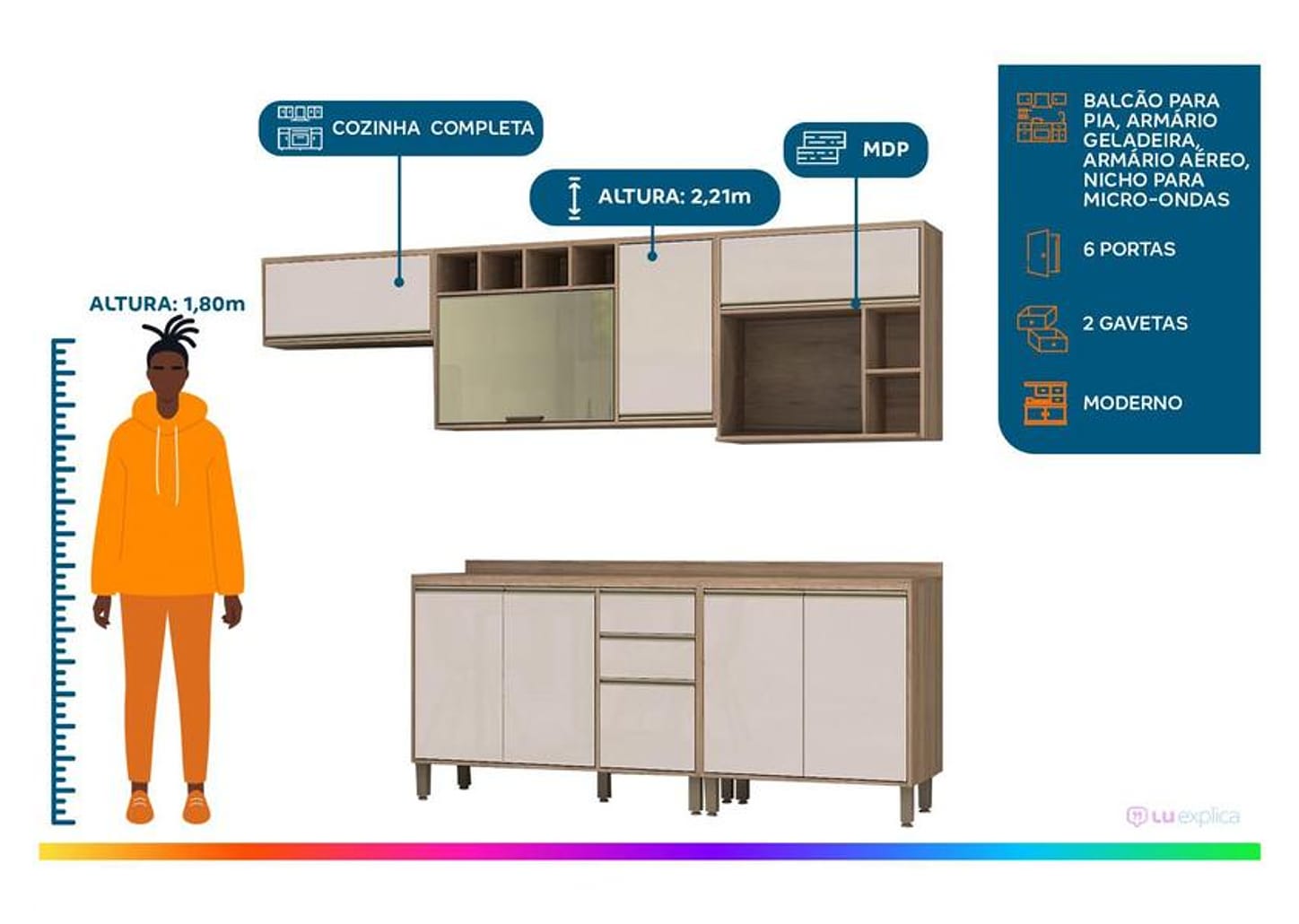 Cozinha Completa Luciane Parma com Balcão para Pia e Nicho para Micro-ondas 8 Portas