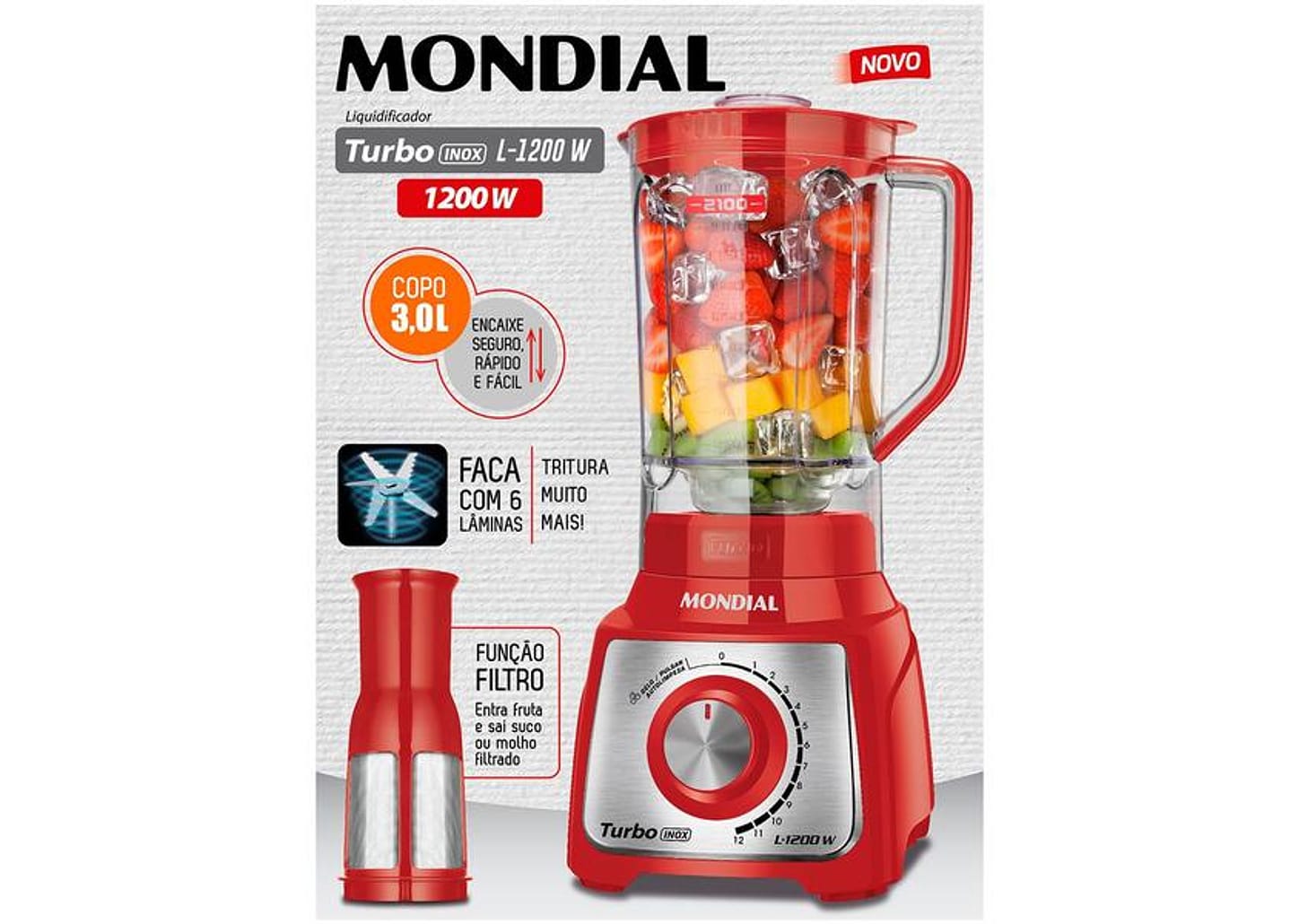 Liquidificador Mondial Turbo Inox L-1200 RI com Filtro 12 Velocidades 1200W