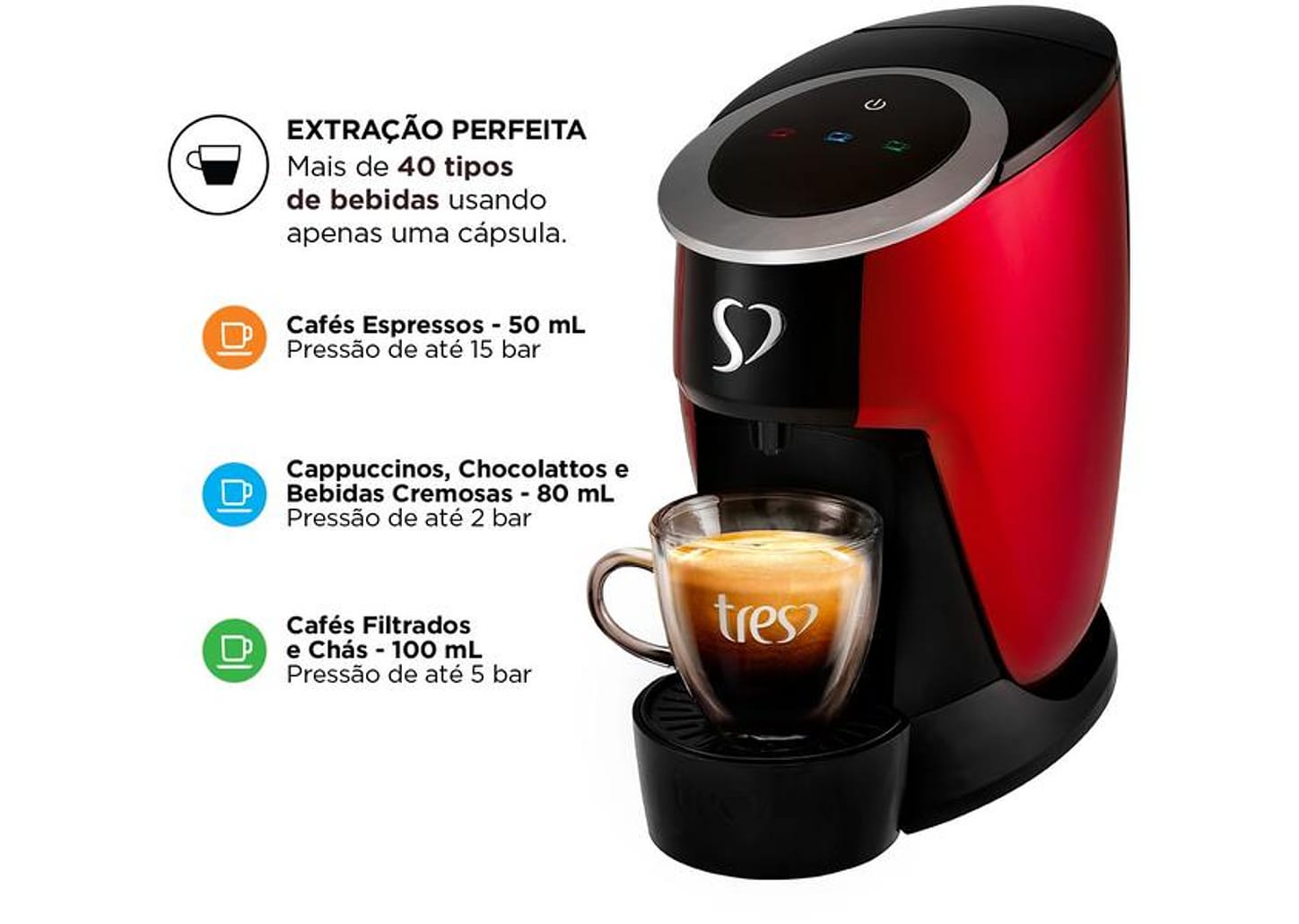 Cafeteira Espresso TRES 3 Corações Touch Vermelha