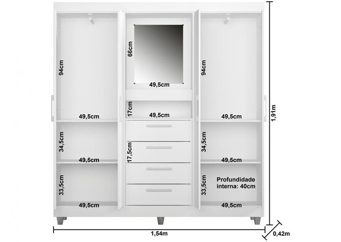Guarda-roupa com Espelho 4 Portas 4 Gavetas Araplac Pequim