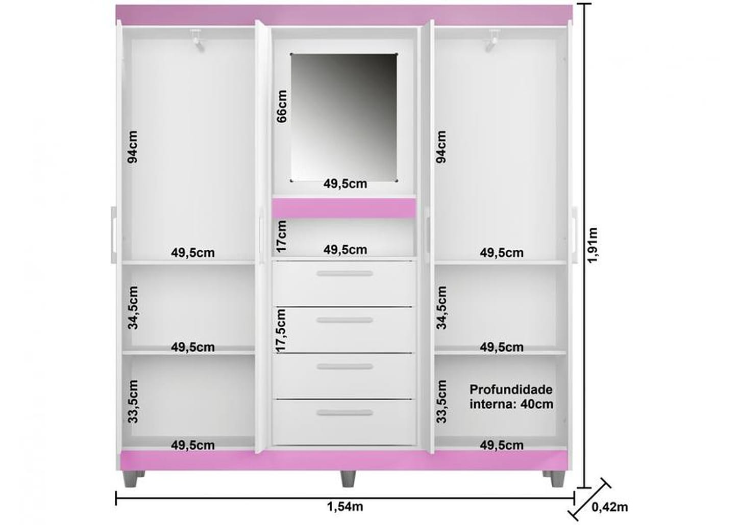 Guarda-roupa com Espelho 4 Portas 4 Gavetas Araplac Pequim