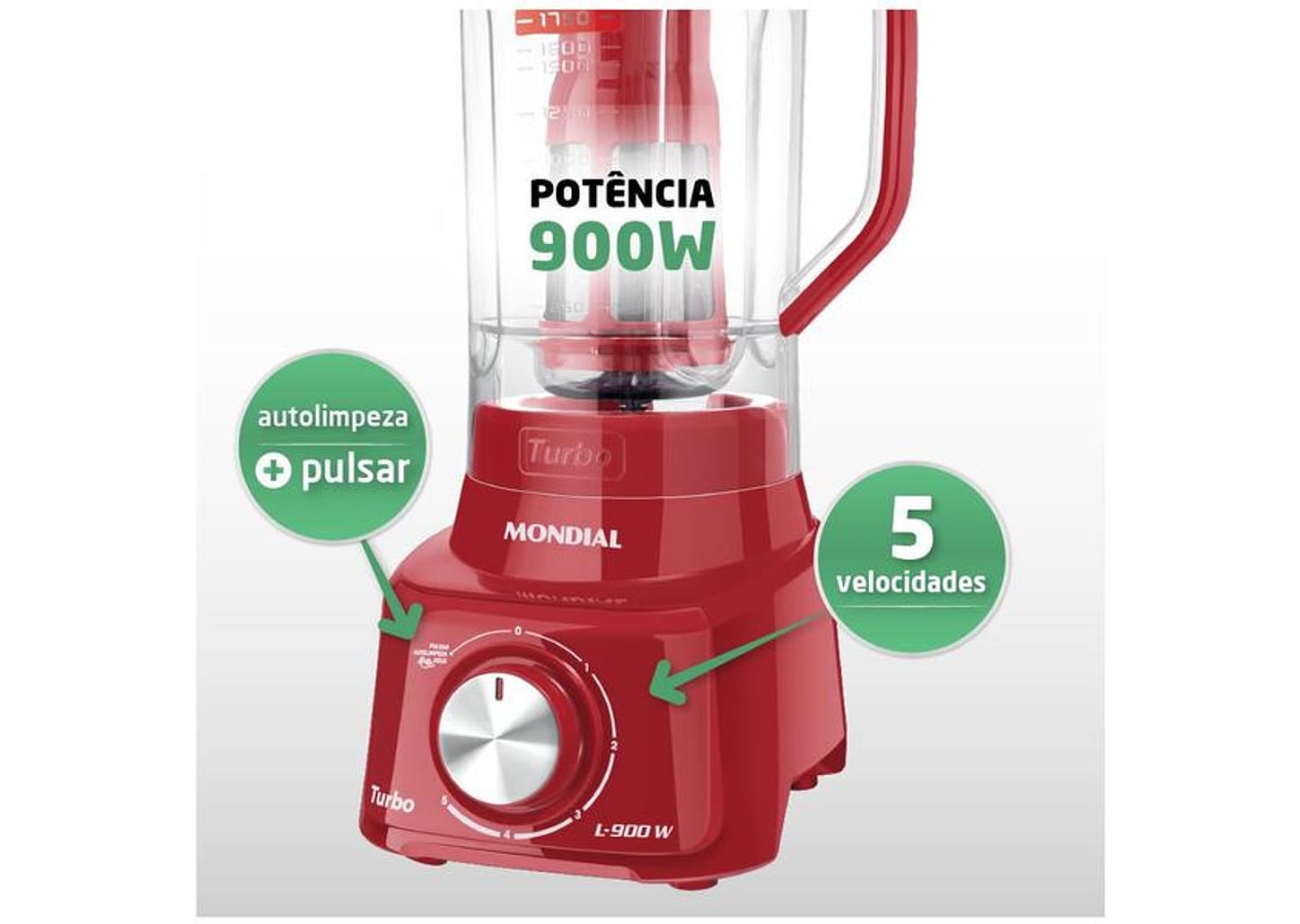 Liquidificador Mondial Turbo L-900 FR Copo - Vermelho Com Filtro 05 Velocidades 900W