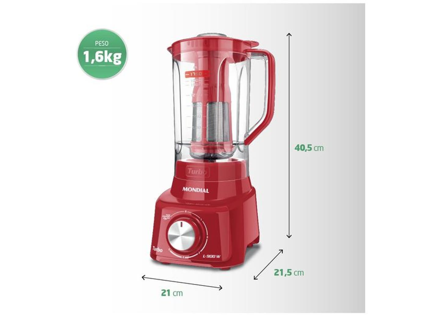 Liquidificador Mondial Turbo L-900 FR Copo - Vermelho Com Filtro 05 Velocidades 900W