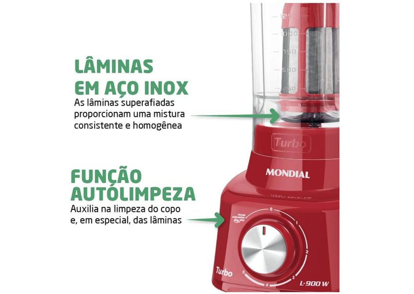 Liquidificador Mondial Turbo L-900 FR Copo - Vermelho Com Filtro 05 Velocidades 900W