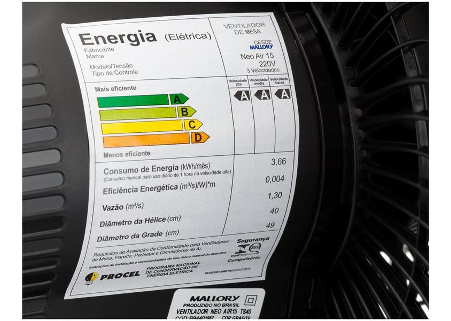 Ventilador de Mesa Mallory Neo Air 15 40cm 3 Velocidades