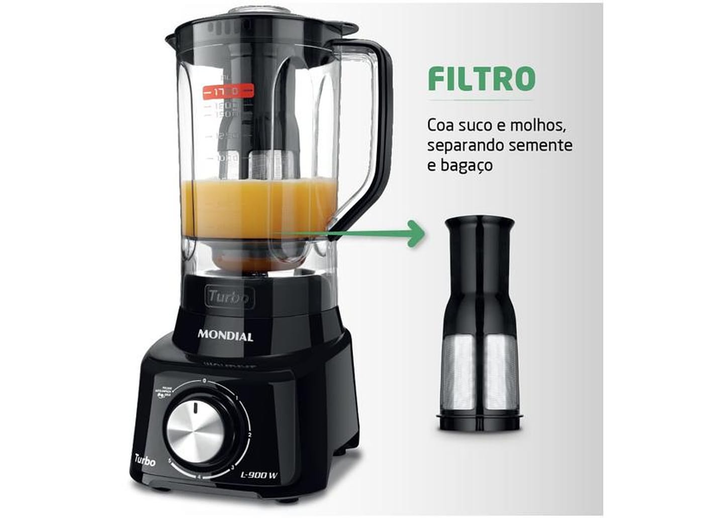 Liquidificador Mondial Turbo L-900 FB Copo - Preto Com Filtro 05 Velocidades 900W