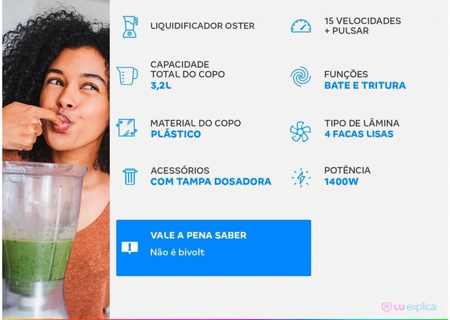 Liquidificador Oster 1400 Full OLIQ610 Preto 15 Velocidades + Pulsar 1400W