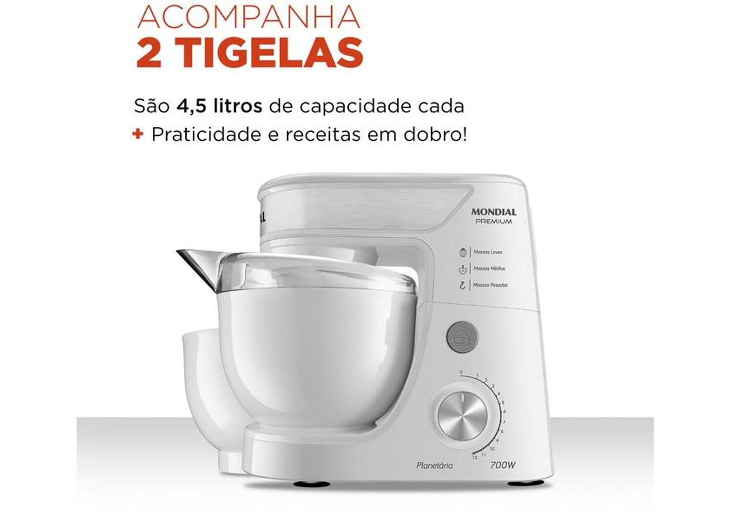 Batedeira Planetária Mondial Branco e Inox 700W - Premium 12 Velocidades