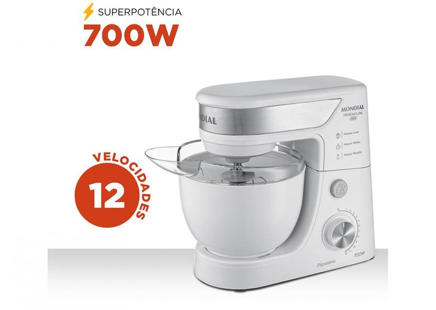 Batedeira Planetária Mondial Branco e Inox 700W - Premium 12 Velocidades