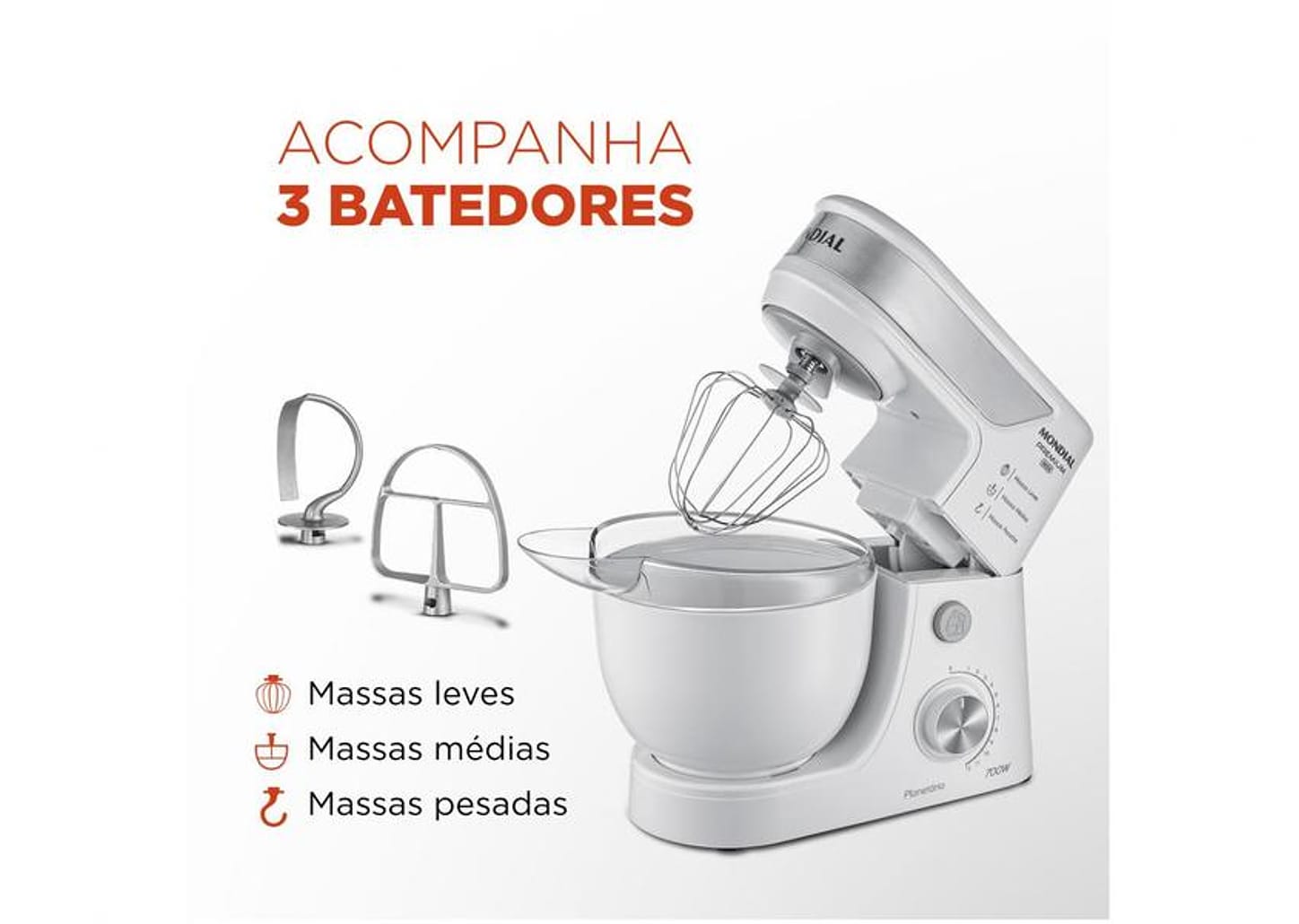 Batedeira Planetária Mondial Branco e Inox 700W - Premium 12 Velocidades