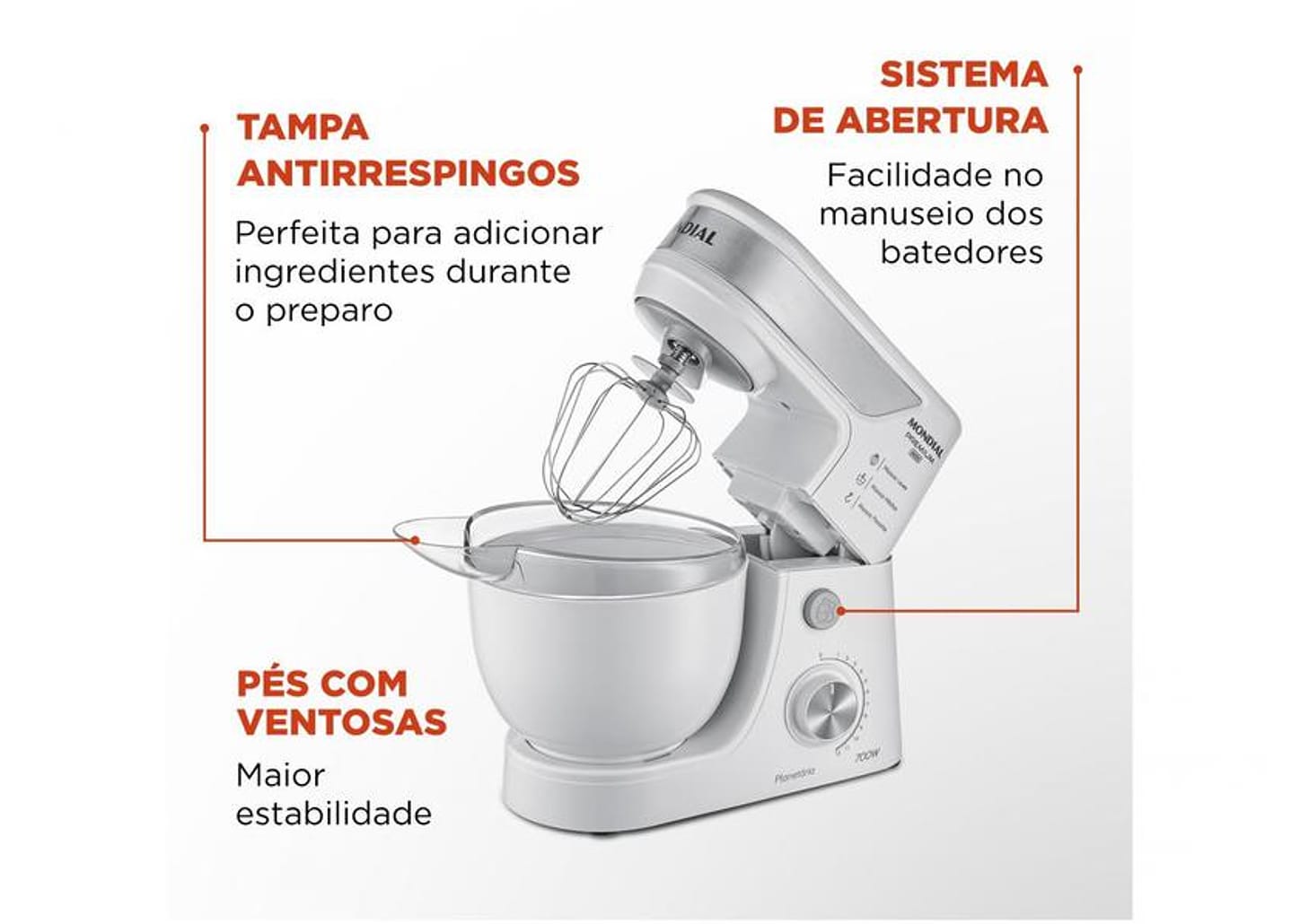 Batedeira Planetária Mondial Branco e Inox 700W - Premium 12 Velocidades