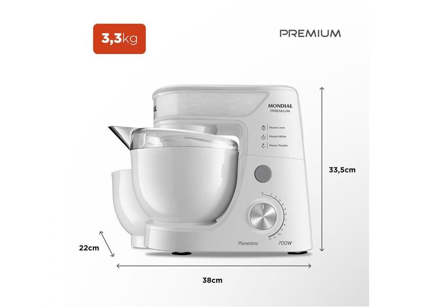 Batedeira Planetária Mondial Branco e Inox 700W - Premium 12 Velocidades