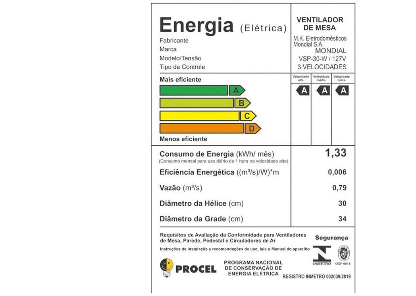 Ventilador de Mesa Mondial Super Power VSP-30-W 30cm 3 Velocidades