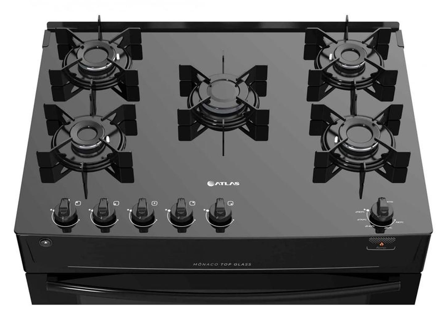 Fogão 5 Bocas Mesa de Vidro Atlas Preto - Acendimento Automático Mônaco Top Glass