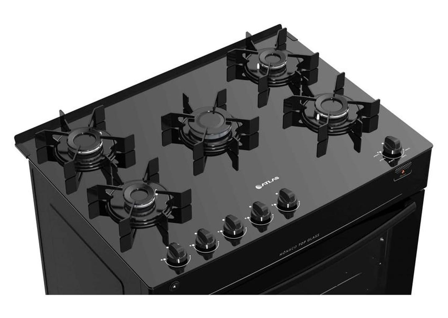 Fogão 5 Bocas Mesa de Vidro Atlas Preto - Acendimento Automático Mônaco Top Glass
