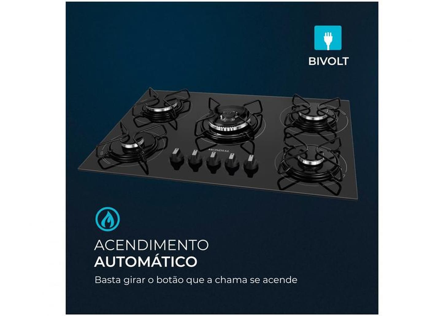 Cooktop 5 Bocas Mondial a Gás GLP Preto - Tripla-chama CTG-03