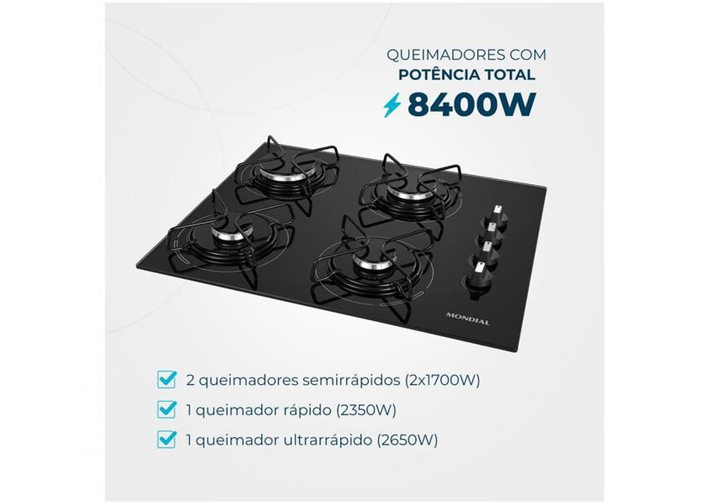 Cooktop 4 Bocas Mondial a Gás GLP Preto - CTG-01