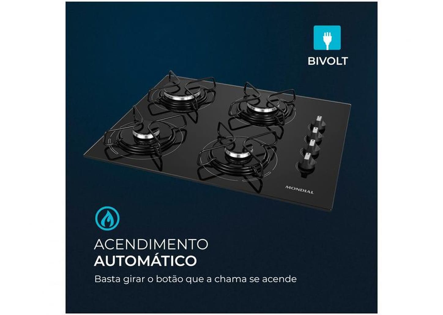 Cooktop 4 Bocas Mondial a Gás GLP Preto - CTG-01