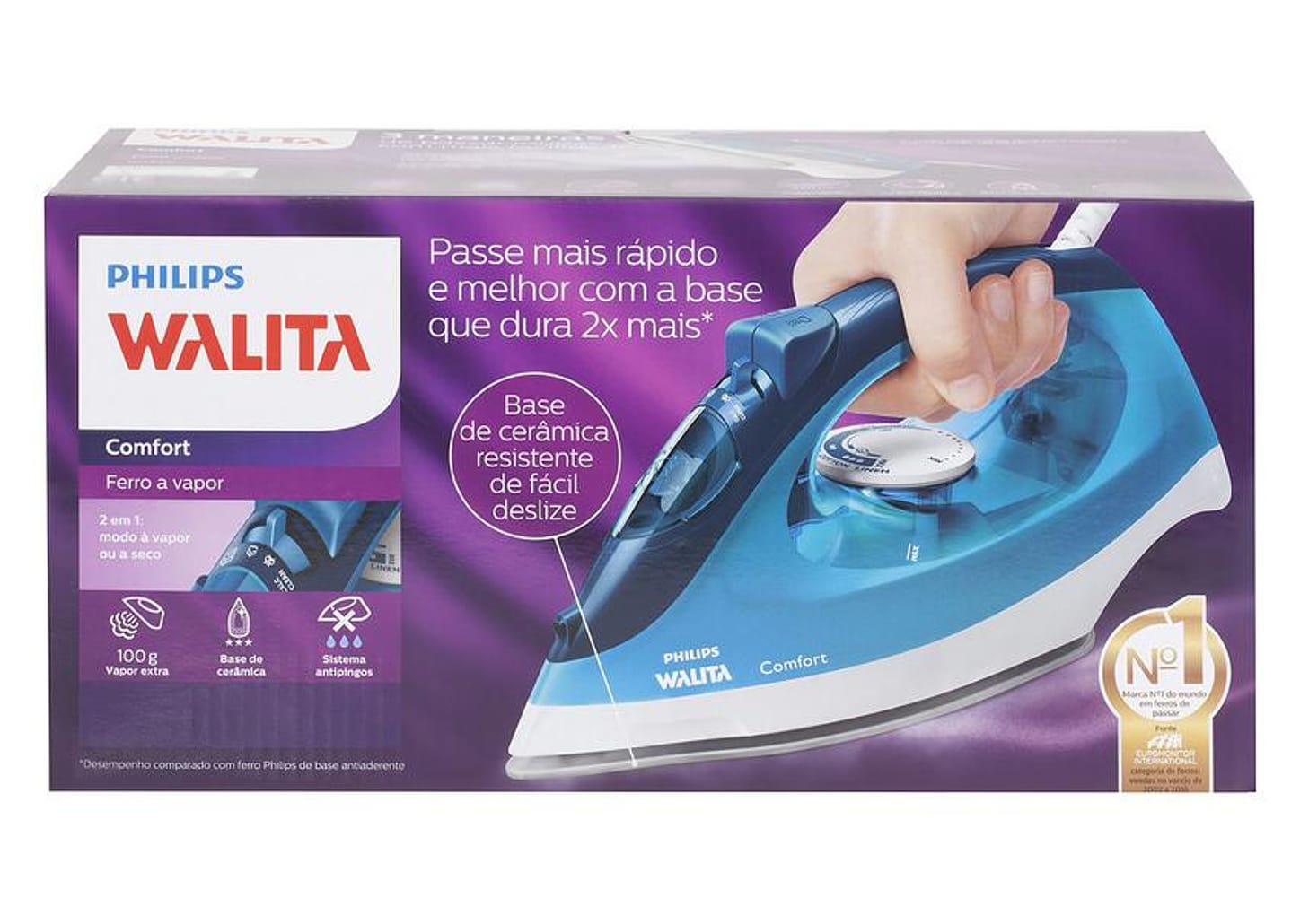 Ferro de Passar Roupa a Vapor Philips Walita - Comfort Cerâmica Azul