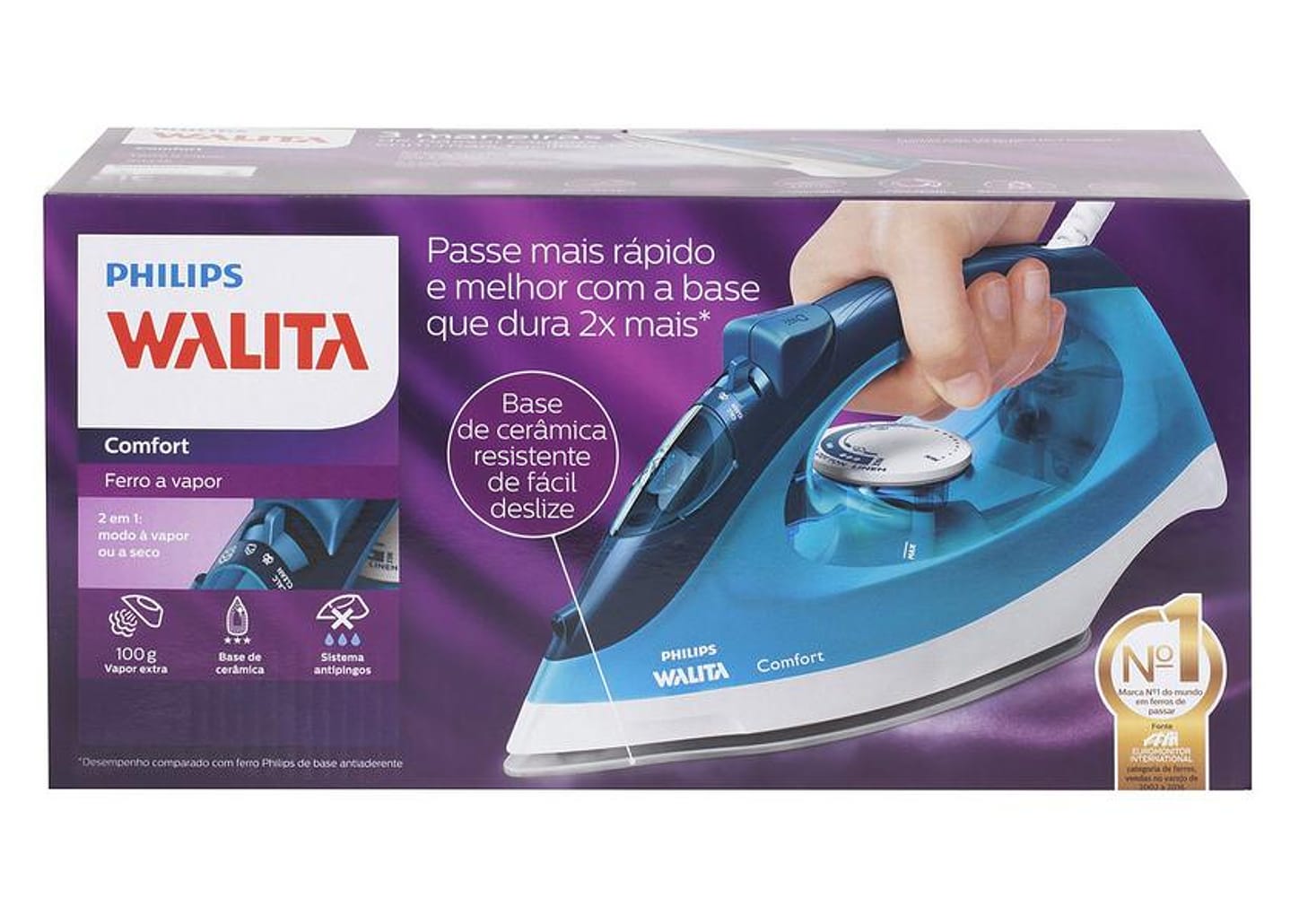 Ferro de Passar Roupa a Vapor Philips Walita - Comfort Cerâmica Azul