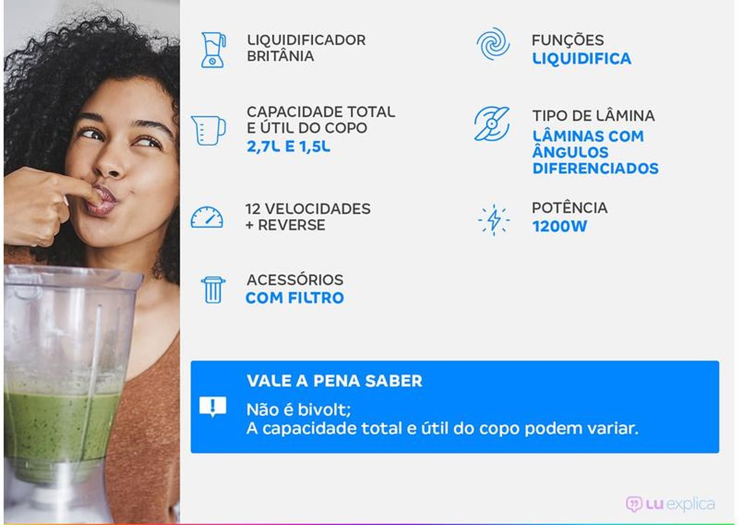 Liquidificador Britânia BLQ1250 Revert Turbo - Preto com Filtro 12 Velocidades 1200W