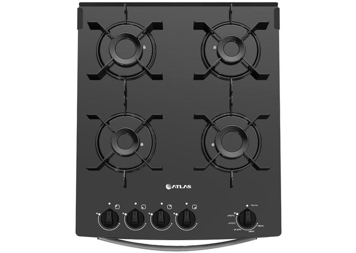Fogão 4 Bocas Mesa de Vidro Atlas Preto - Acendimento Automático Mônaco Top Glass