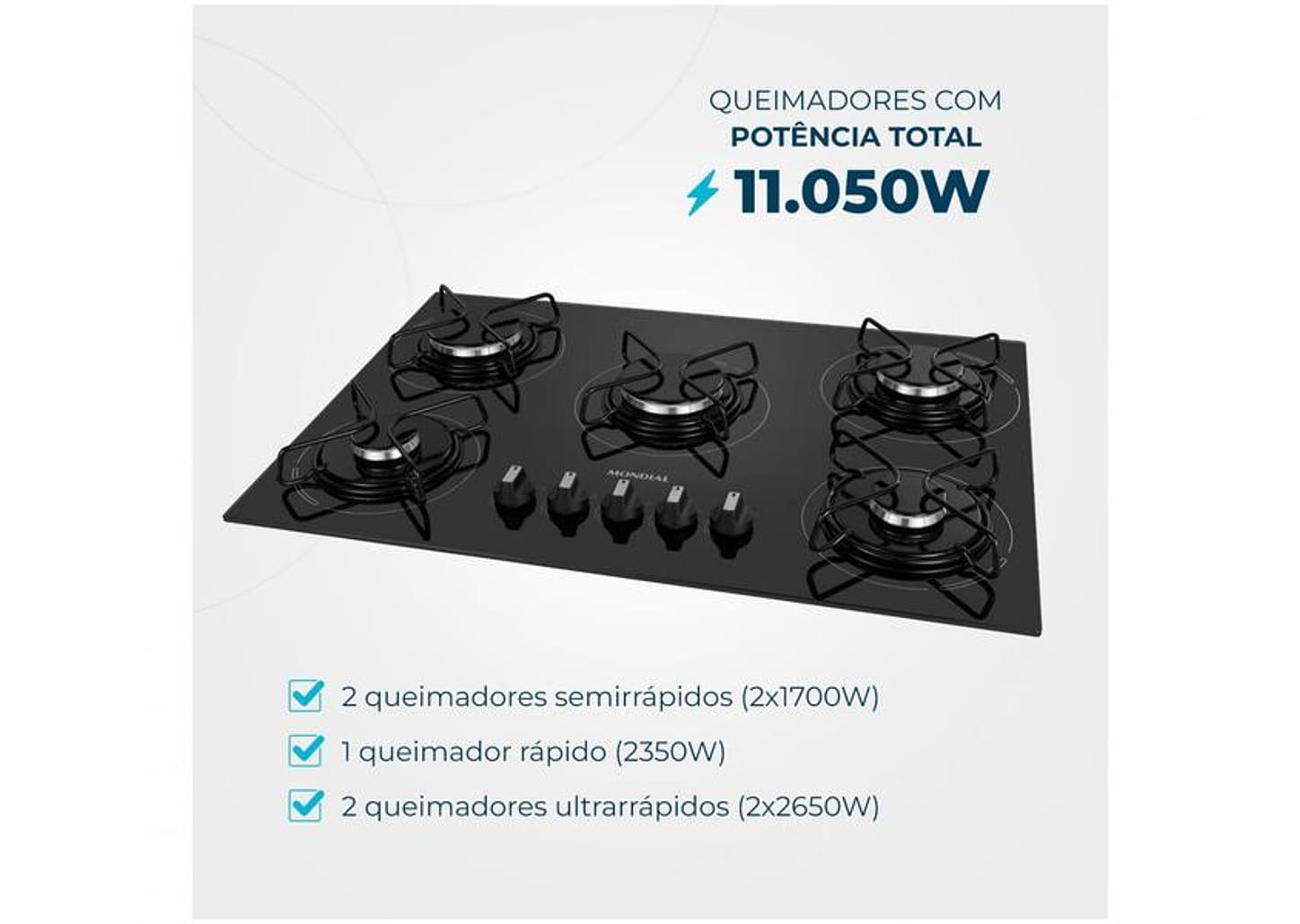 Cooktop 5 Bocas Mondial a Gás GLP Preto - CTG-02