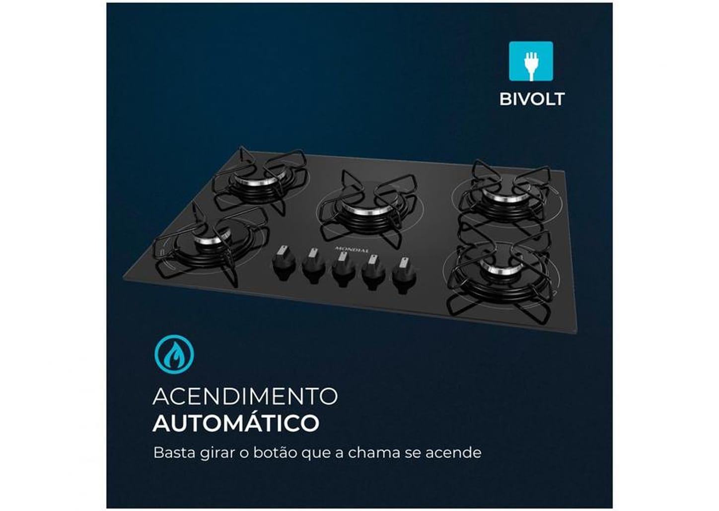 Cooktop 5 Bocas Mondial a Gás GLP Preto - CTG-02