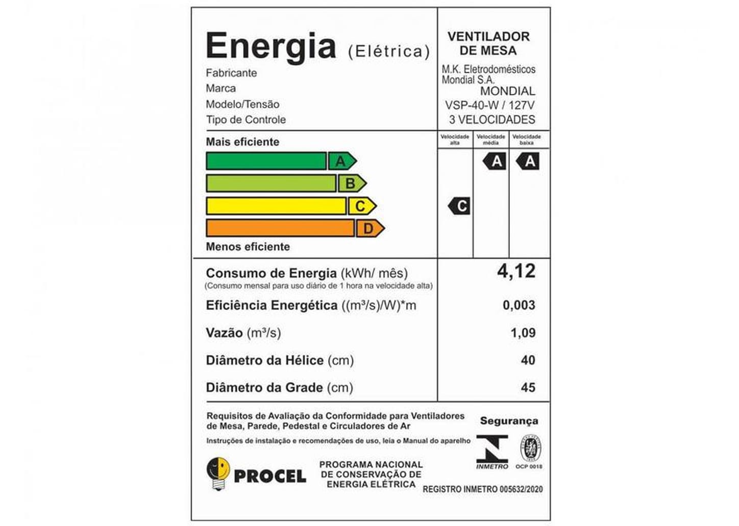 Ventilador de Mesa Mondial Super Power VSP-40-W 40cm 3 Velocidades