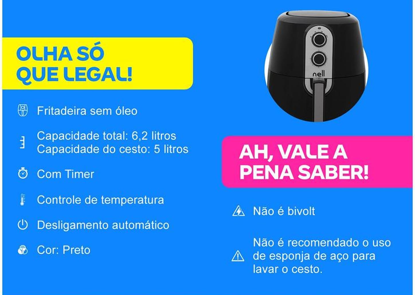 Fritadeira Elétrica sem Óleo/Air Fryer Nell - Grand Família Preto 5L