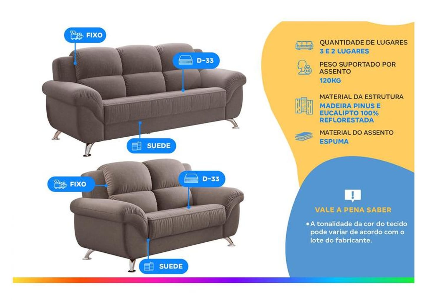 Conjunto de Sofás 2 e 3 Lugares Marselha Linoforte