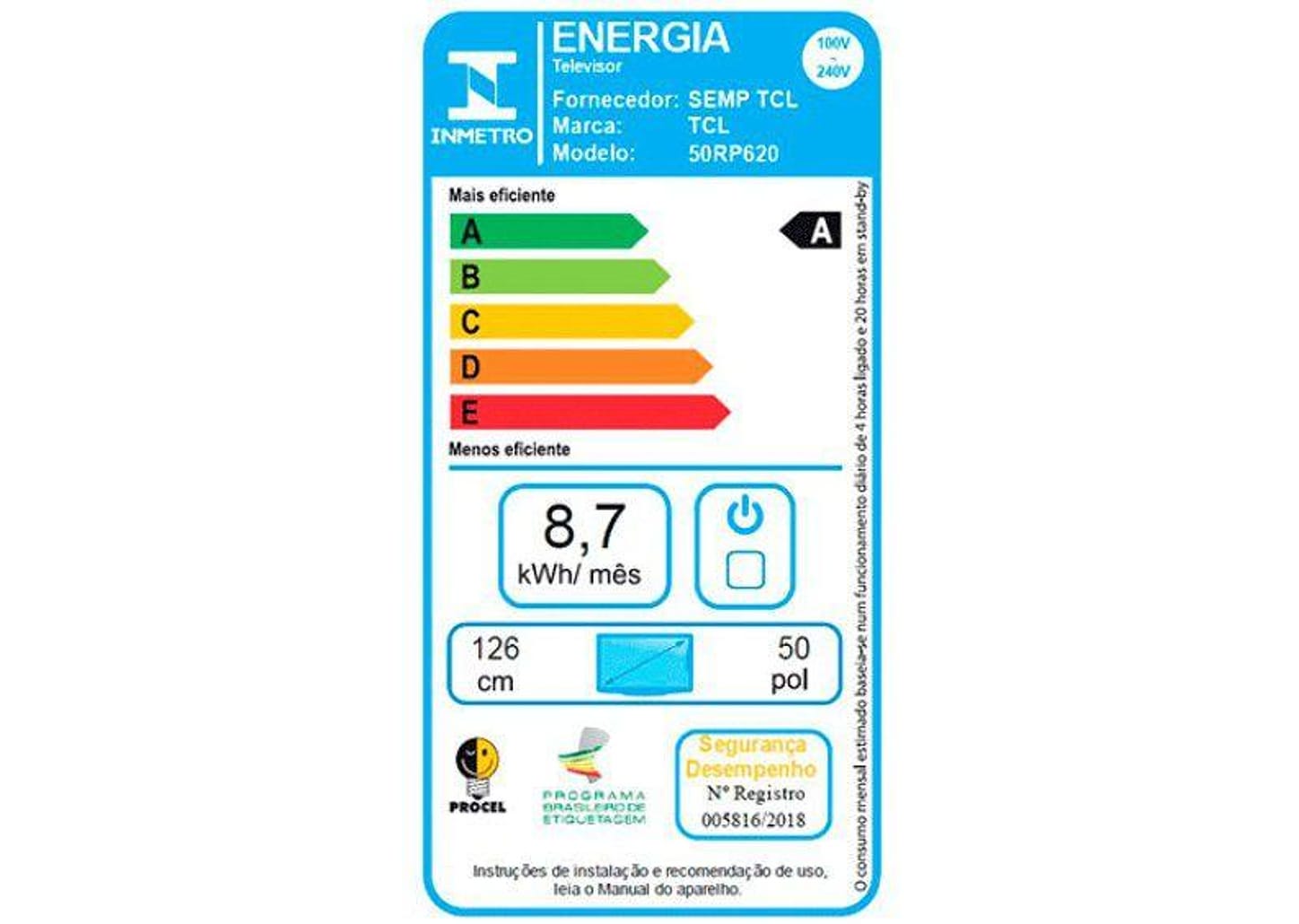 Smart TV 50” 4K LED TCL 50RP620 VA 60Hz - Wi-Fi HDR 4 HDMI 1 USB 1 Porta LAN