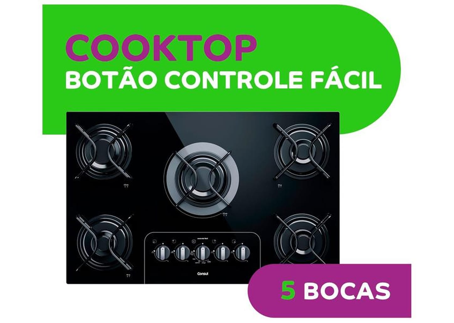 Cooktop 5 Bocas a Gás GLP Consul Vidro Temperado - Preto Acendimento Automático Facilite CD075AE