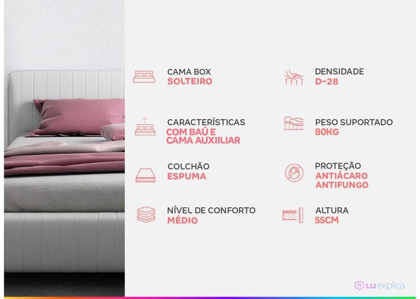 Cama Box Solteiro LightSpuma com Baú e Cama Auxiliar 55x88x188cm Lady