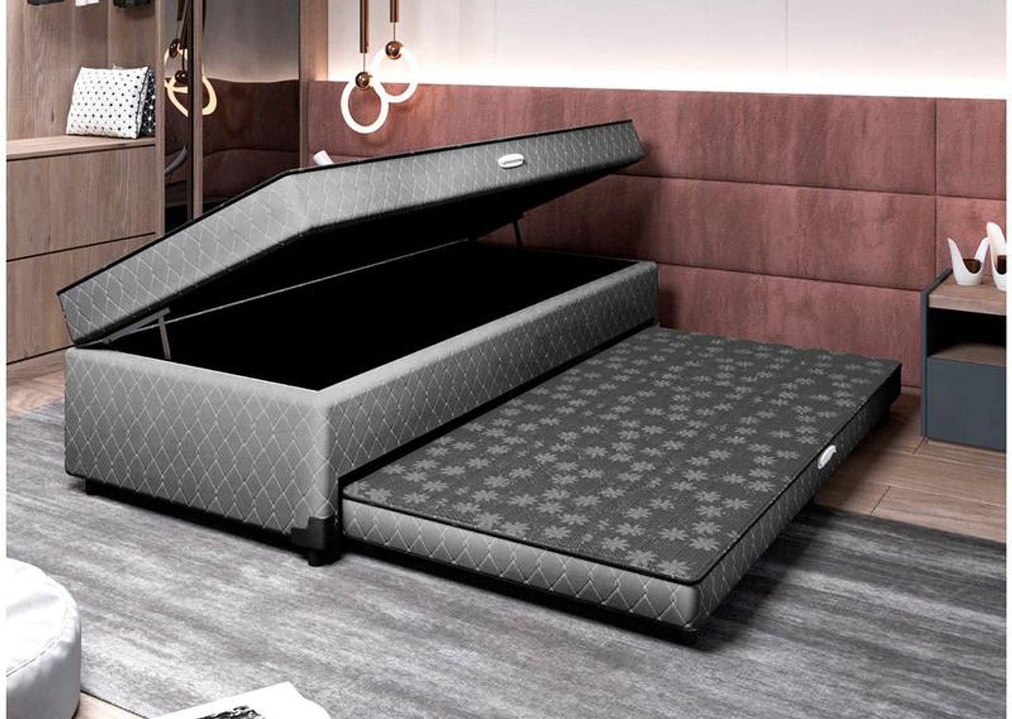 Cama Box Solteiro LightSpuma com Baú e Cama Auxiliar 55x88x188cm Lady